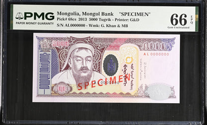 Mongolia Mongol Bank SPECIMEN 5000 Tugrik 2013 P 68cs UNC PMG 66 EPQ 2nd TOP POP