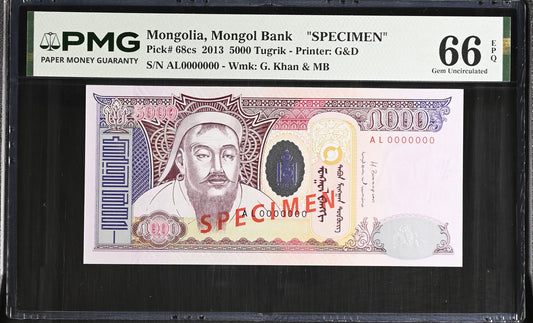Mongolia Mongol Bank SPECIMEN 5000 Tugrik 2013 P 68cs UNC PMG 66 EPQ 2nd TOP POP
