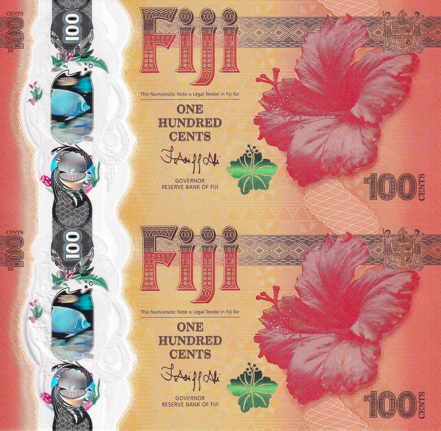 Fiji 100 Cents 2023 P 124 Polymer UNC COMM. Dragon Same No. UNCUT 2 IN 1
