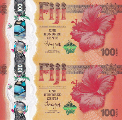 Fiji 100 Cents 2023 P 124 Polymer UNC COMM. Dragon Same No. UNCUT 2 IN 1
