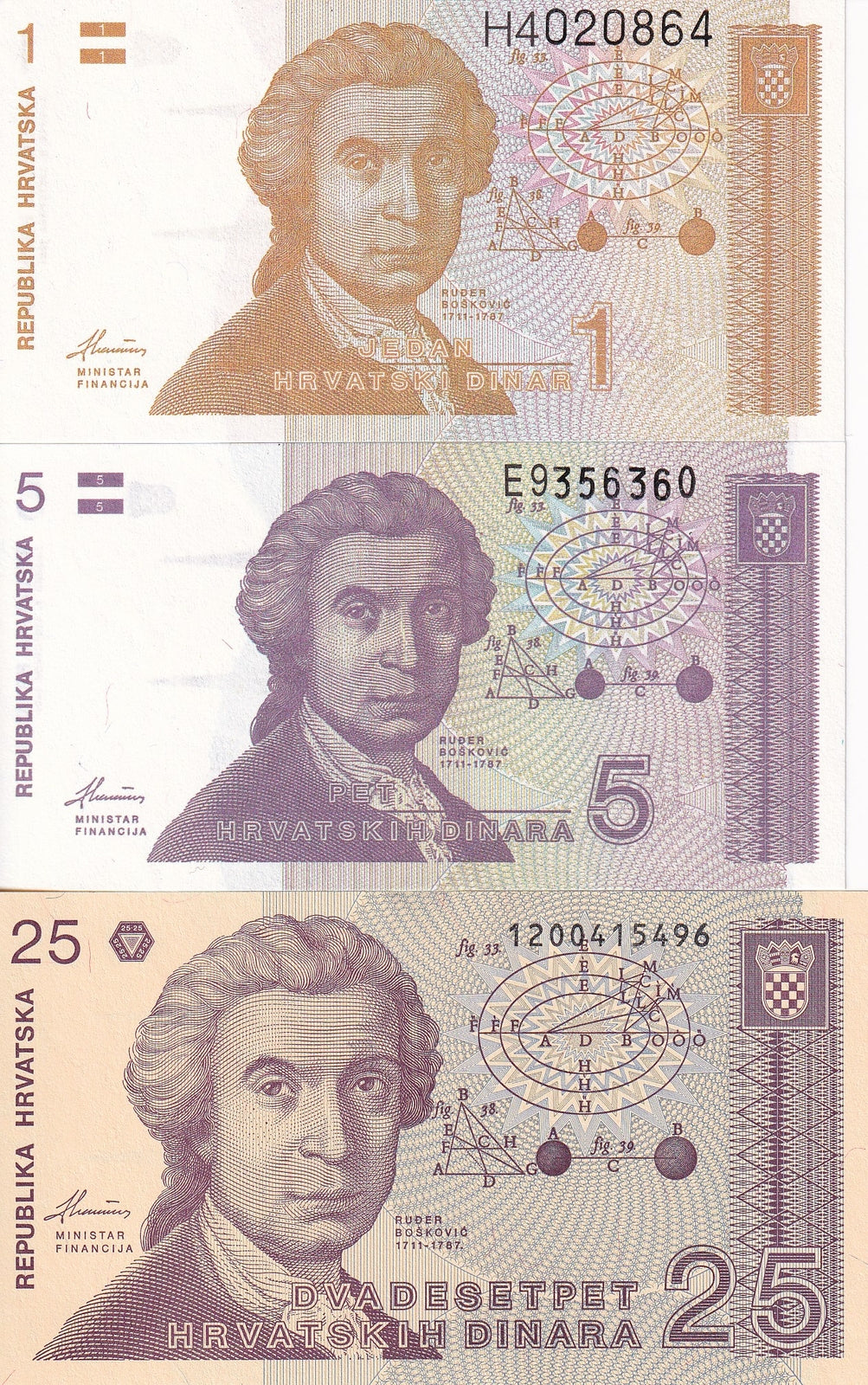 Croatia 1 5 25 Dinars 1991 P 16 17 19 UNC Set 3 Pcs