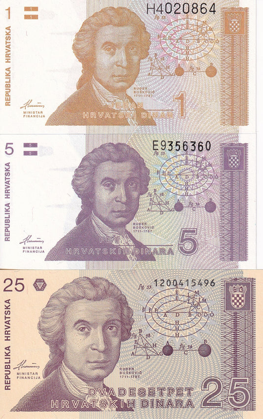 Croatia 1 5 25 Dinars 1991 P 16 17 19 UNC Set 3 Pcs