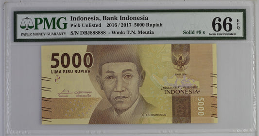 Indonesia 5000 Rupiah 2016/2017 P 156b Fancy SOLID 8 - DBJ 888888 UNC PMG 66 EPQ