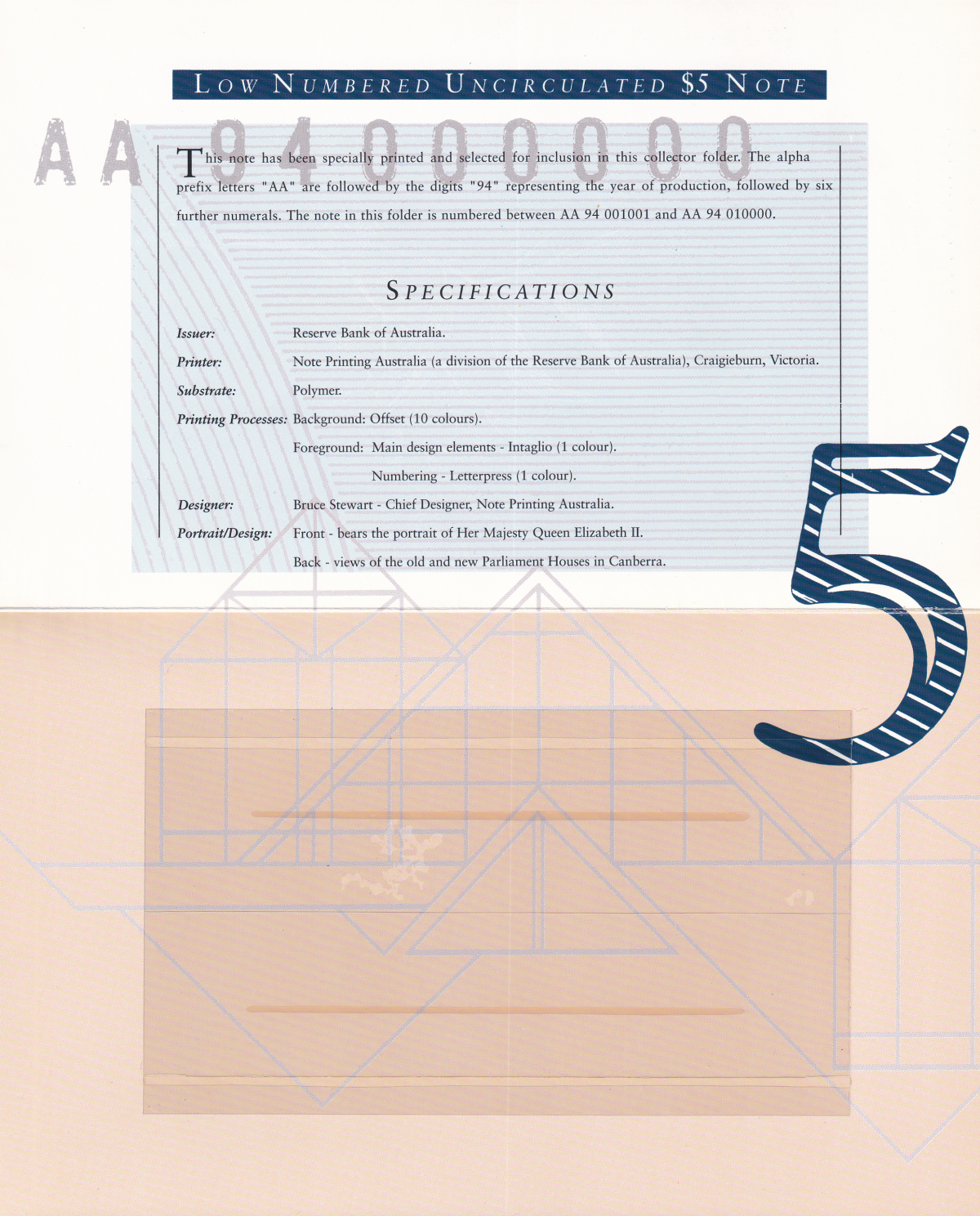 Australia 5 Dollars ND 1992 P 50a(2)  Polymer UNC AA Prefix With Folder