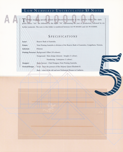 Australia 5 Dollars ND 1992 P 50a(2)  Polymer UNC AA Prefix With Folder