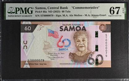 Samoa COMM. 60 Tala ND (2023) P 46a UNC PMG 67 EPQ LOW S/N 0000079 3rd TOP POP