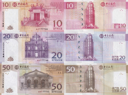 Macau Macao 10-50 Patacas 2013-17 P 108b(1)-110b UNC BOC Set 3 Match No. 777744