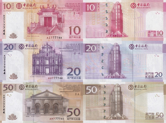 Macau Macao 10-50 Patacas 2013-17 P 108b(1)-110b UNC BOC Set 3 Match No. 777744