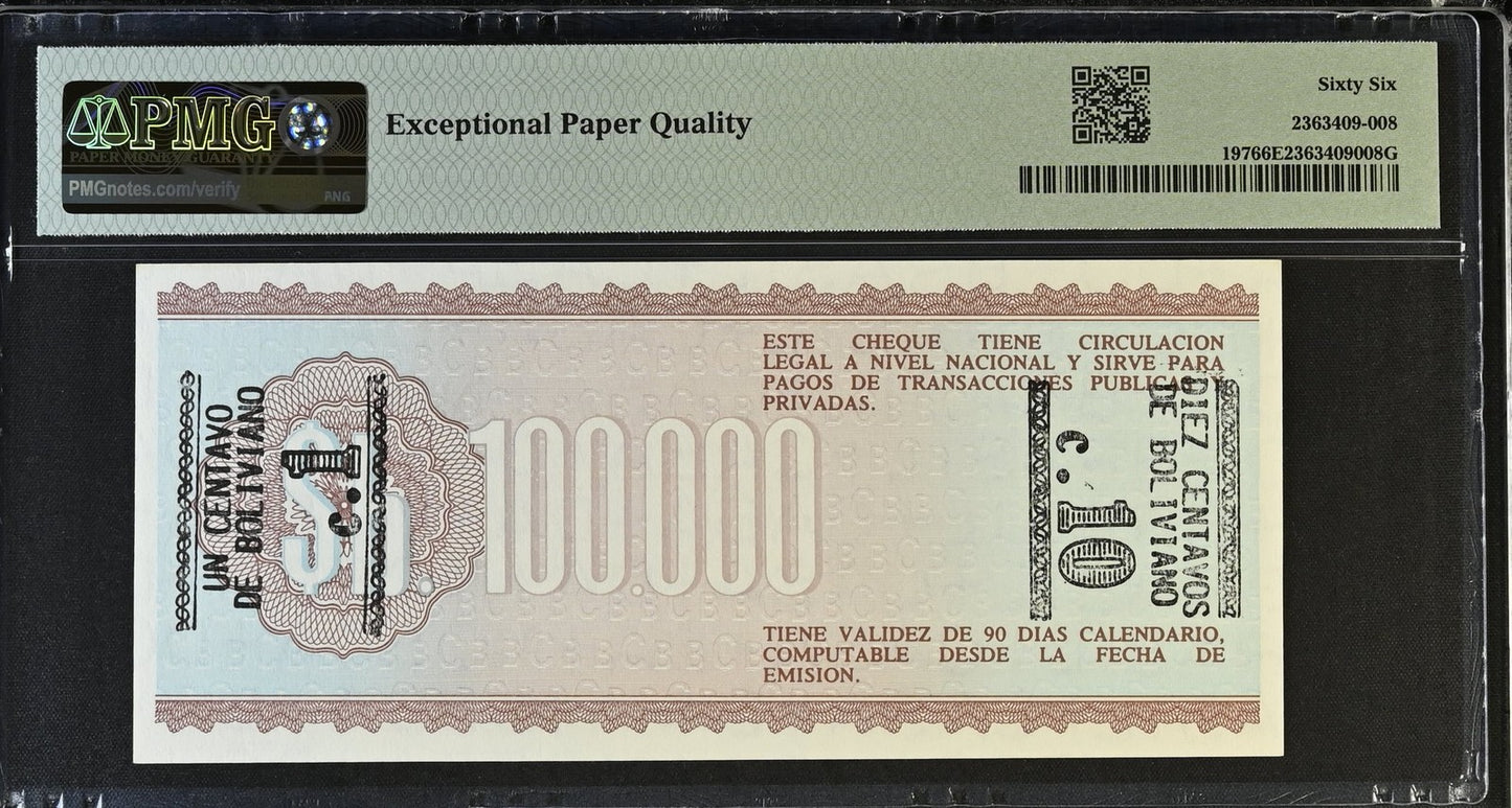 Bolivia 10 Cent on 100000 Pesos Bol 1984 (ND 1987) P 197 UNC PMG 66 EPQ