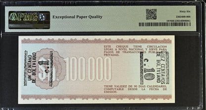 Bolivia 10 Cent on 100000 Pesos Bol 1984 (ND 1987) P 197 UNC PMG 66 EPQ