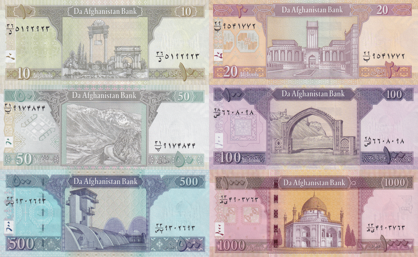 Afghanistan 10 20 50 100-1000 Afghanis 2002-22 P 67 68 69 70 74 76 UNC Set 6 pcs