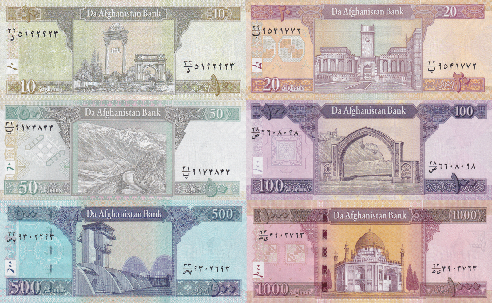 Afghanistan 10 20 50 100-1000 Afghanis 2002-22 P 67 68 69 70 74 76 UNC Set 6 pcs