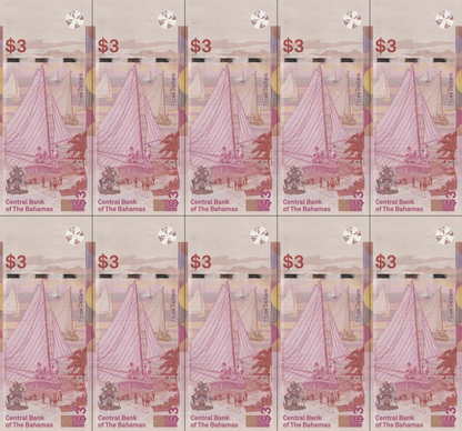 Bahamas 3 Dollars 2019 P 78 UNC Set 10 pcs Lucky Fancy No. A008811-8888-8900