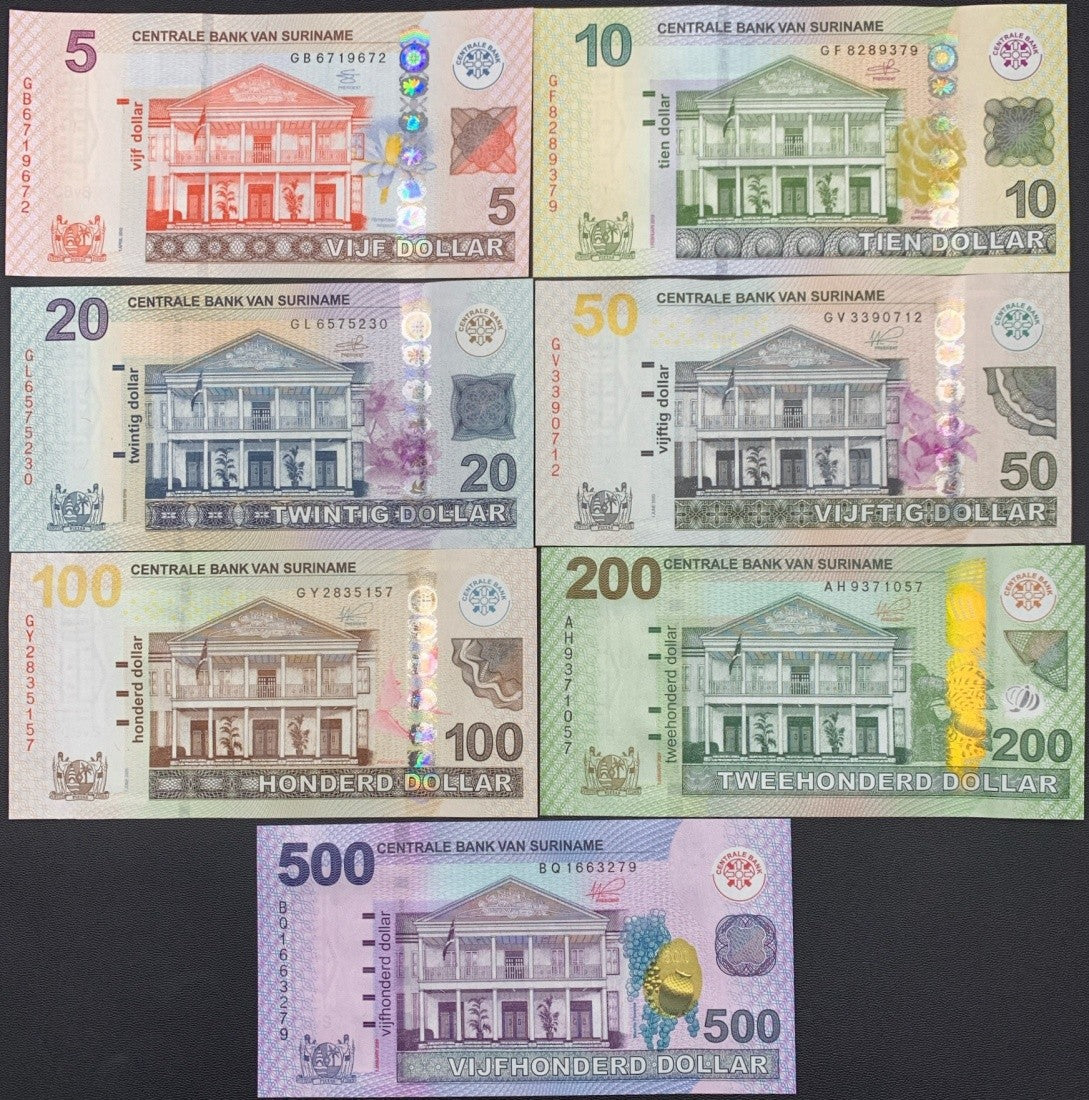 Suriname 5 10 20 50-500 Dollar 2012-2024 P 162b 163-166 166A 166B UNC SET 7 pcs