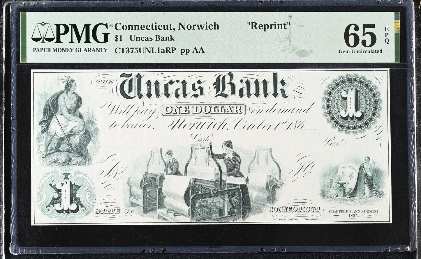 Connecticut Norwich Reprint 1-5$ Obsolete Bank Note UNC PMG 65 66 EPQ Set 3 pcs