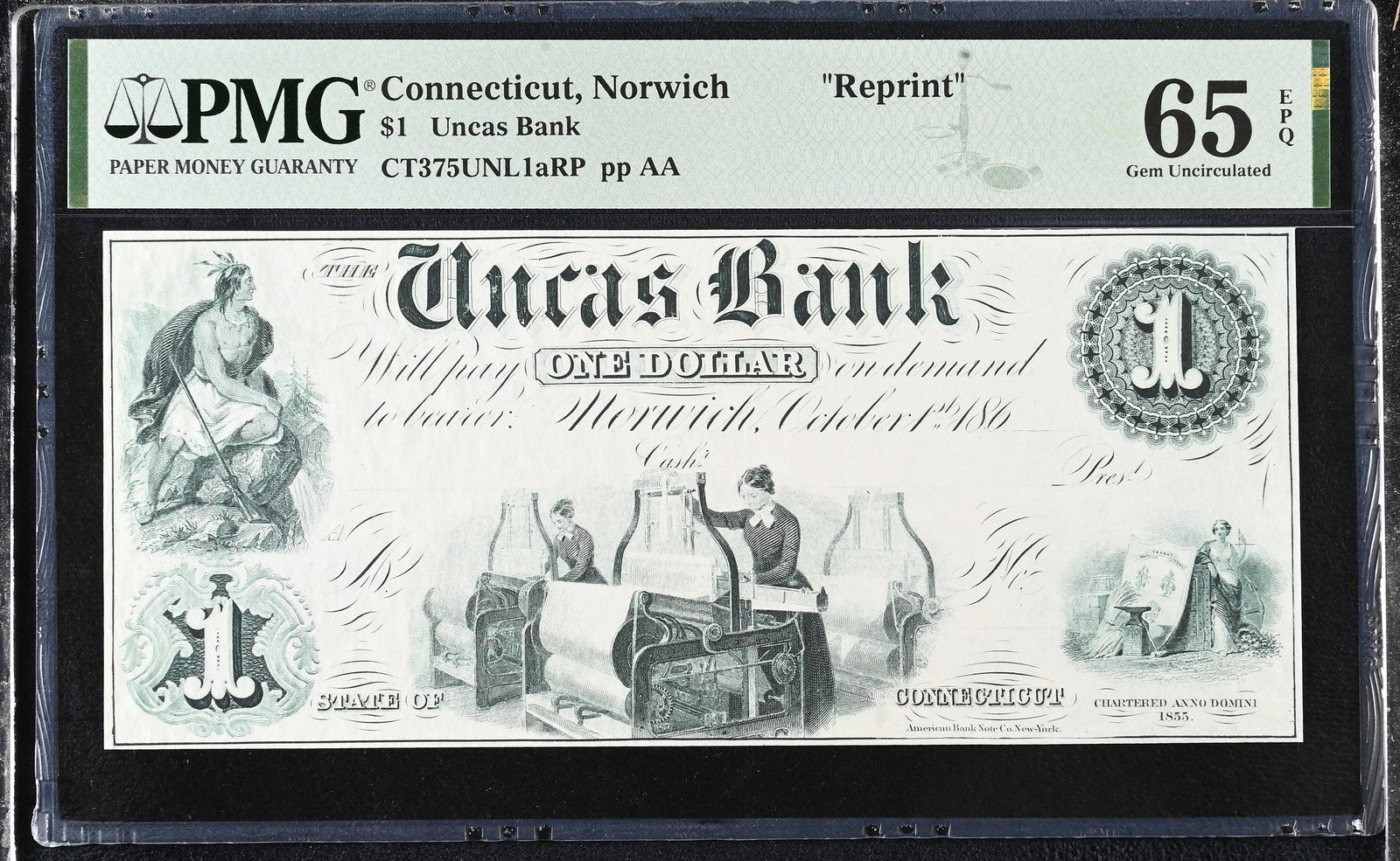 Connecticut Norwich Reprint 1-5$ Obsolete Bank Note UNC PMG 65 66 EPQ Set 3 pcs