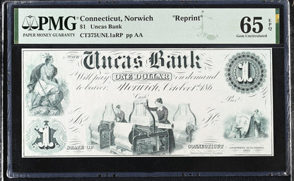 Connecticut Norwich Reprint 1-5$ Obsolete Bank Note UNC PMG 65 66 EPQ Set 3 pcs