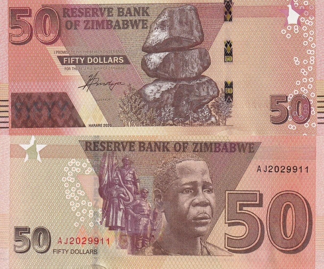 Zimbabwe 50 Dollars 2020 P 105 UNC 1 Bundle Lot 100 pcs