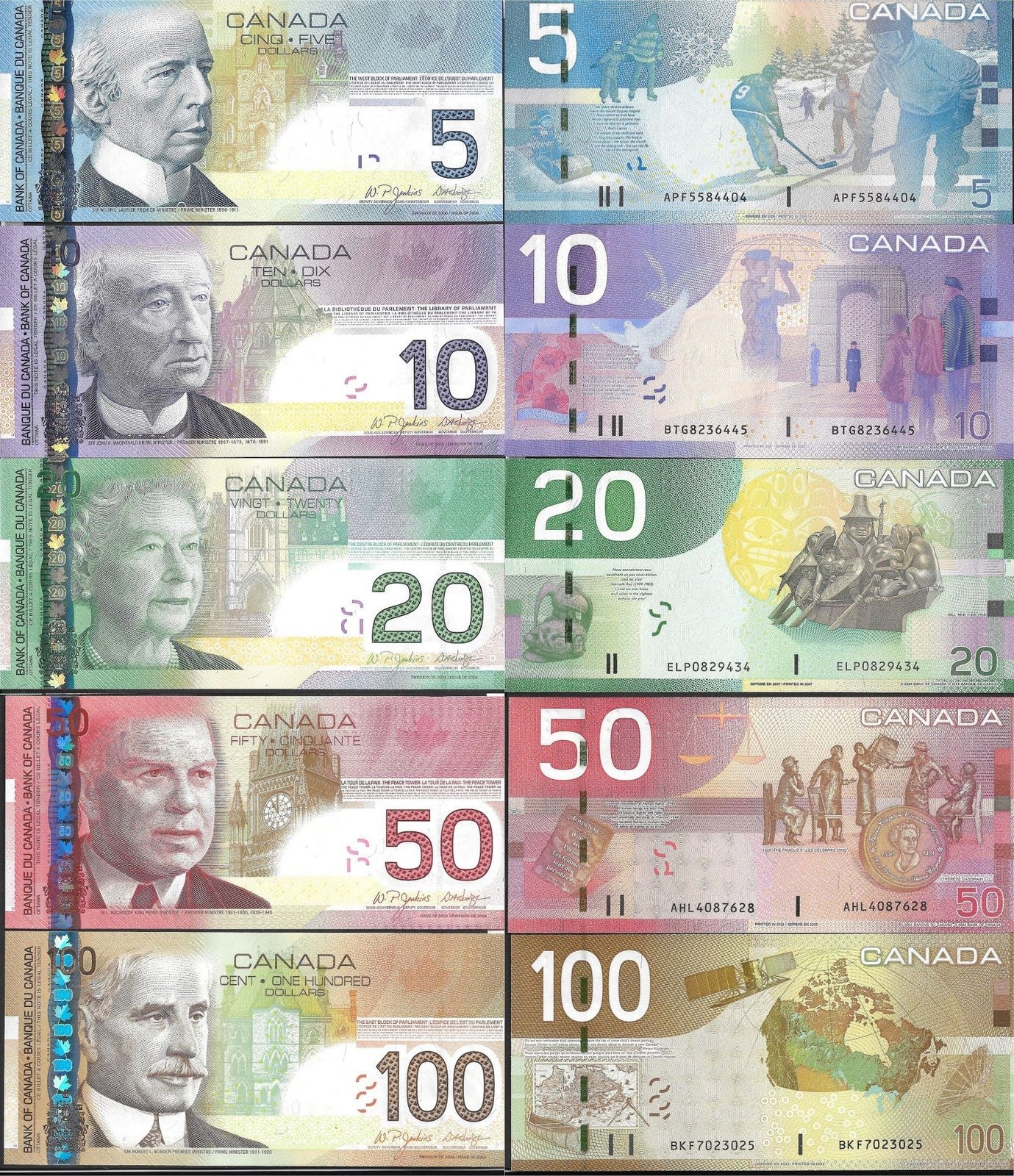 Canada 5 10 20-100 Dollars 2004-2007 P 101Aa 102Ac 103d 104b 105a UNC Set 5 pcs