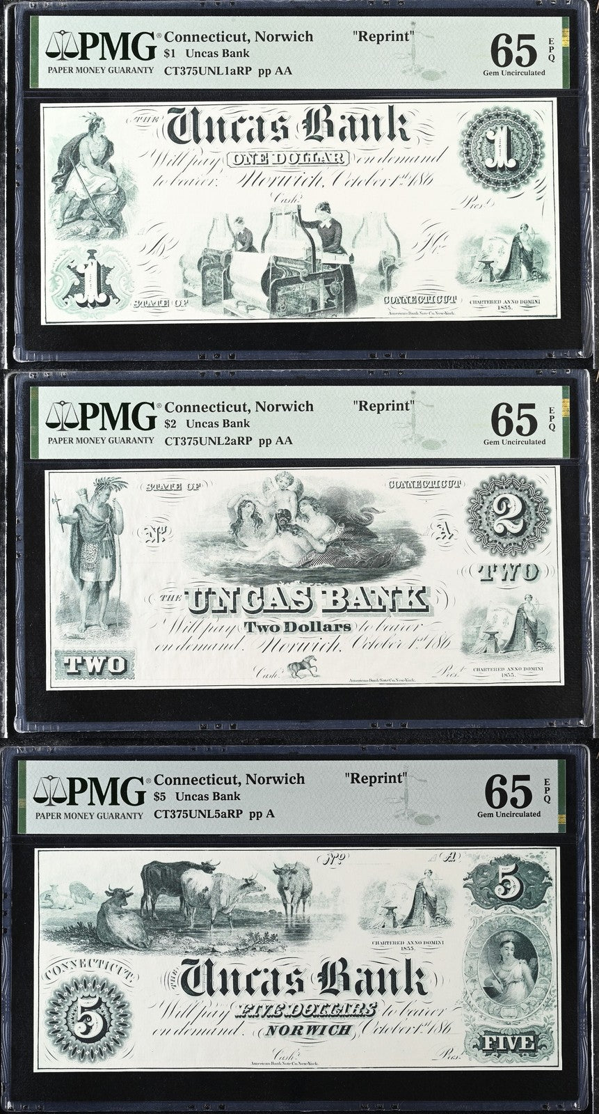 Connecticut Norwich Reprint 1-5$ Obsolete Bank Note UNC PMG 65 EPQ Set 3 pcs