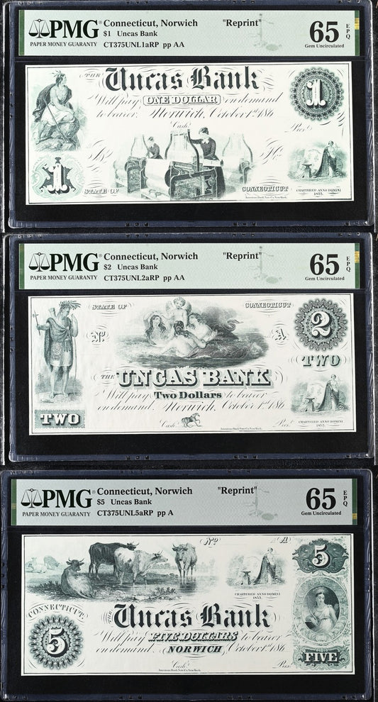 Connecticut Norwich Reprint 1-5$ Obsolete Bank Note UNC PMG 65 EPQ Set 3 pcs