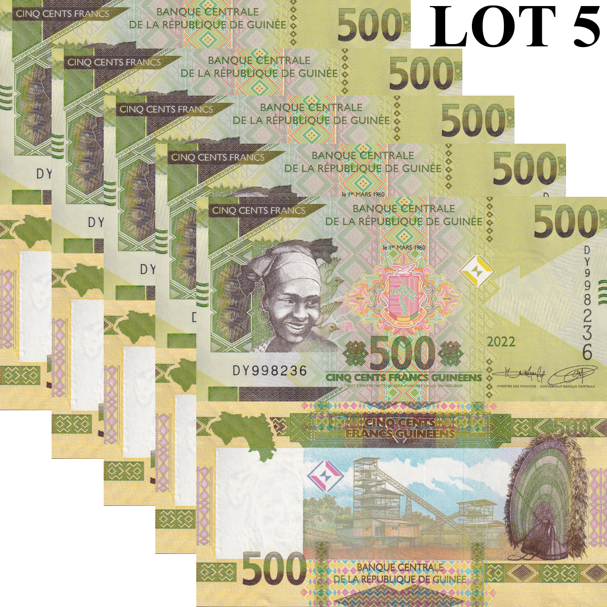 Guinea 500 Francs 2022 P 52 UNC 1/20 Bundle Lot 5 pcs