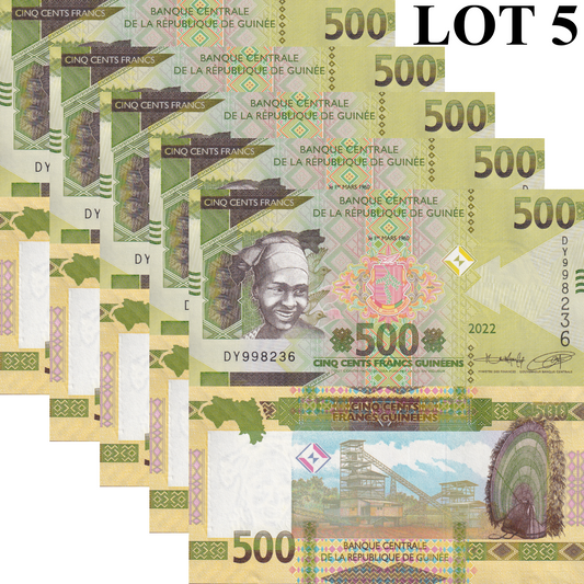 Guinea 500 Francs 2022 P 52 UNC 1/20 Bundle Lot 5 pcs