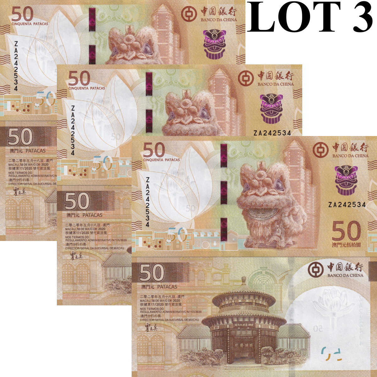 Macau Macao 50 Patacas 2025 P 131 New Issue UNC BOC ZA Replacement Lot 3 pcs