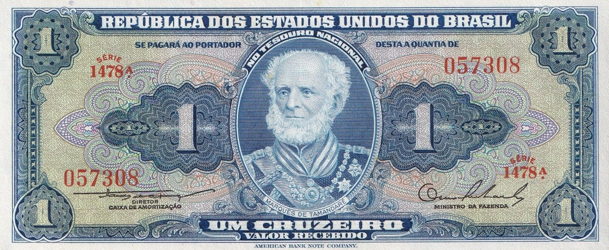 Brazil 1 Cruzeiro ND 1954-1958 P 150 UNC MINOR FOXING