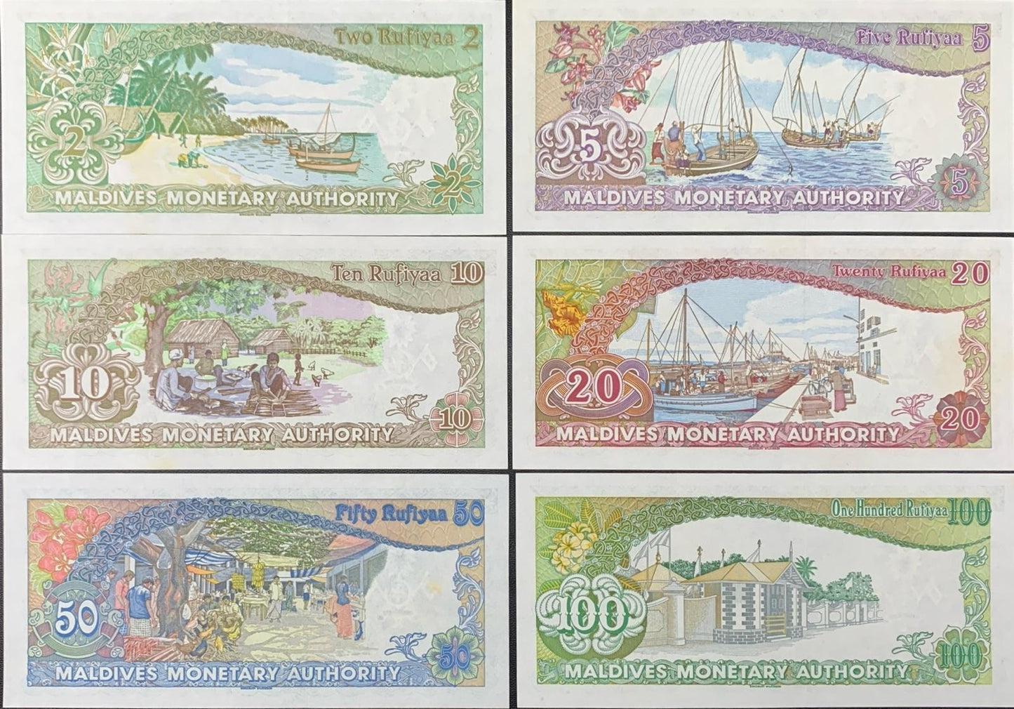 Maldives 2-100 Rufiyaa 1983 P 9-14 UNC Set 6 pcs MINOR FOXING Match No. A001252