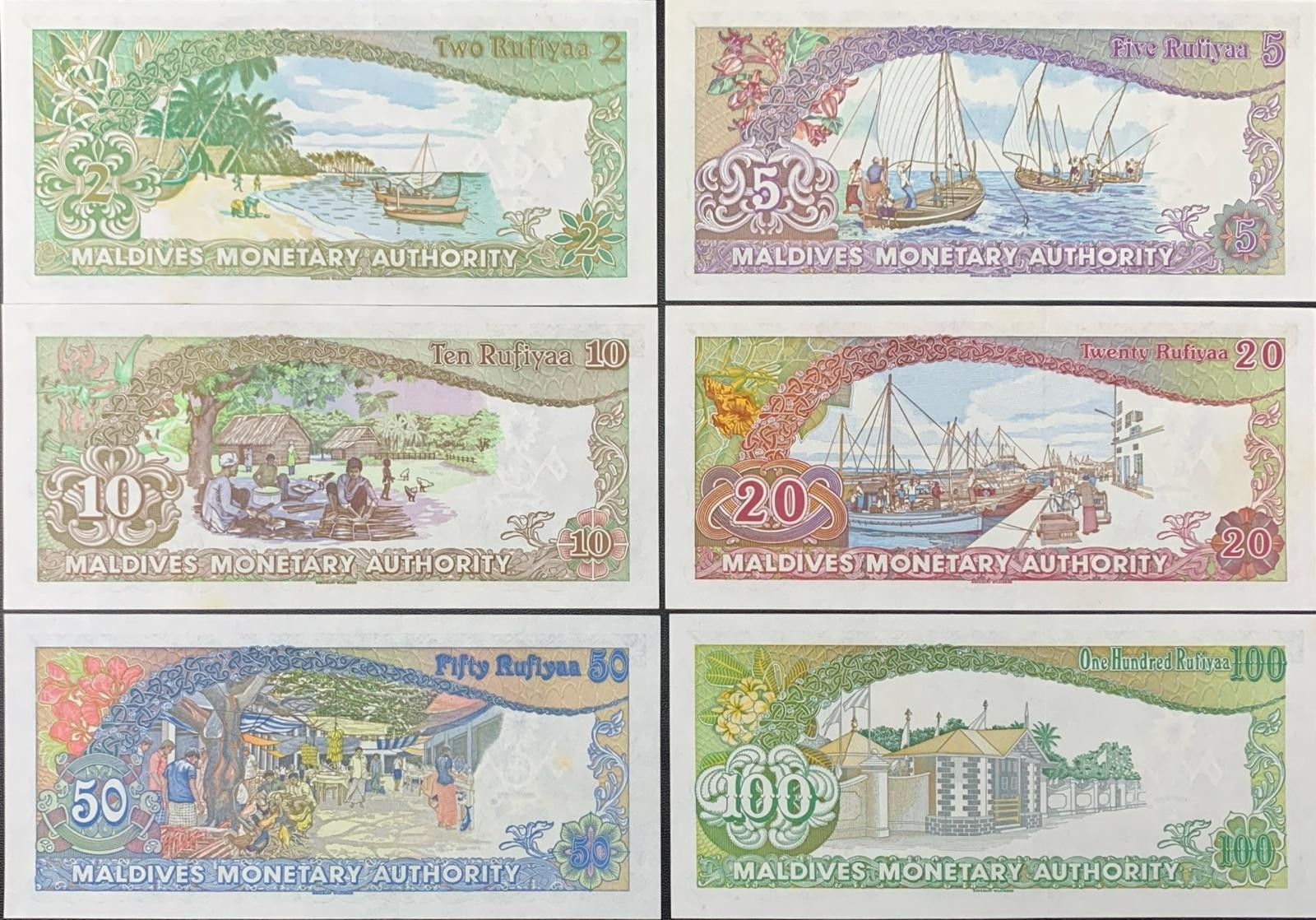 Maldives 2-100 Rufiyaa 1983 P 9-14 UNC Set 6 pcs MINOR FOXING Match No. A001252