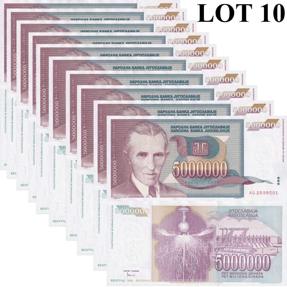 Yugoslavia 5000000 Dinara 1993 P 121 UNC 1/10 Bundle Lot 10 pcs