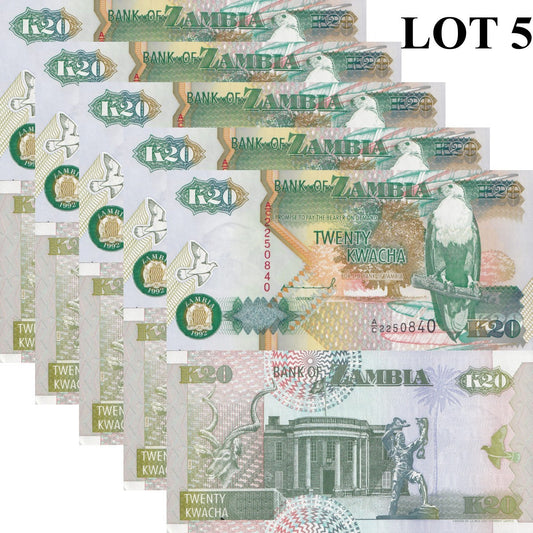 Zambia 20 Kwacha 1992 P 36 UNC 1/20 Bundle Lot 5 pcs