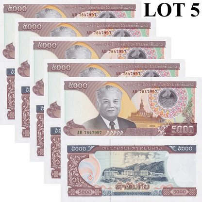 Laos 5000 Kip 2020/2022 P 41A UNC 1/20 Bundle Lot 5 pcs