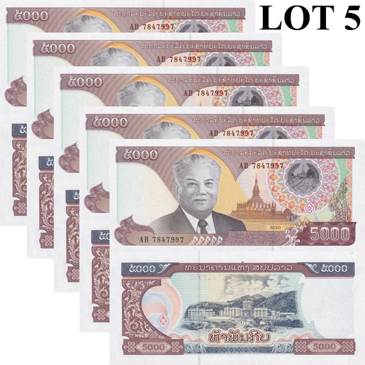 Laos 5000 Kip 2020/2022 P 41A UNC 1/20 Bundle Lot 5 pcs