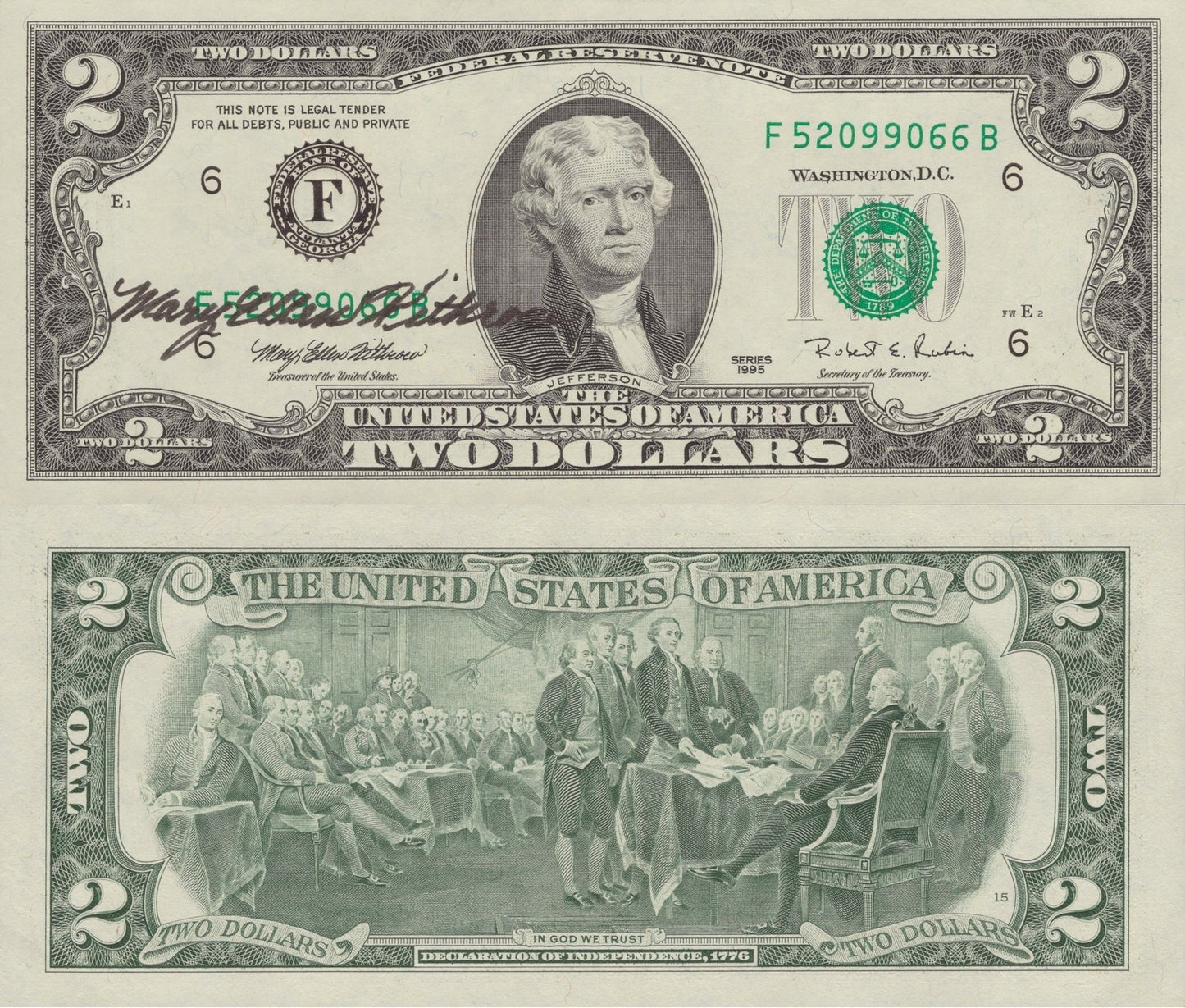 United States USA 2 Dollars 1995 P 497 "F" Atlanta GA With Hand Signed UNC W/F
