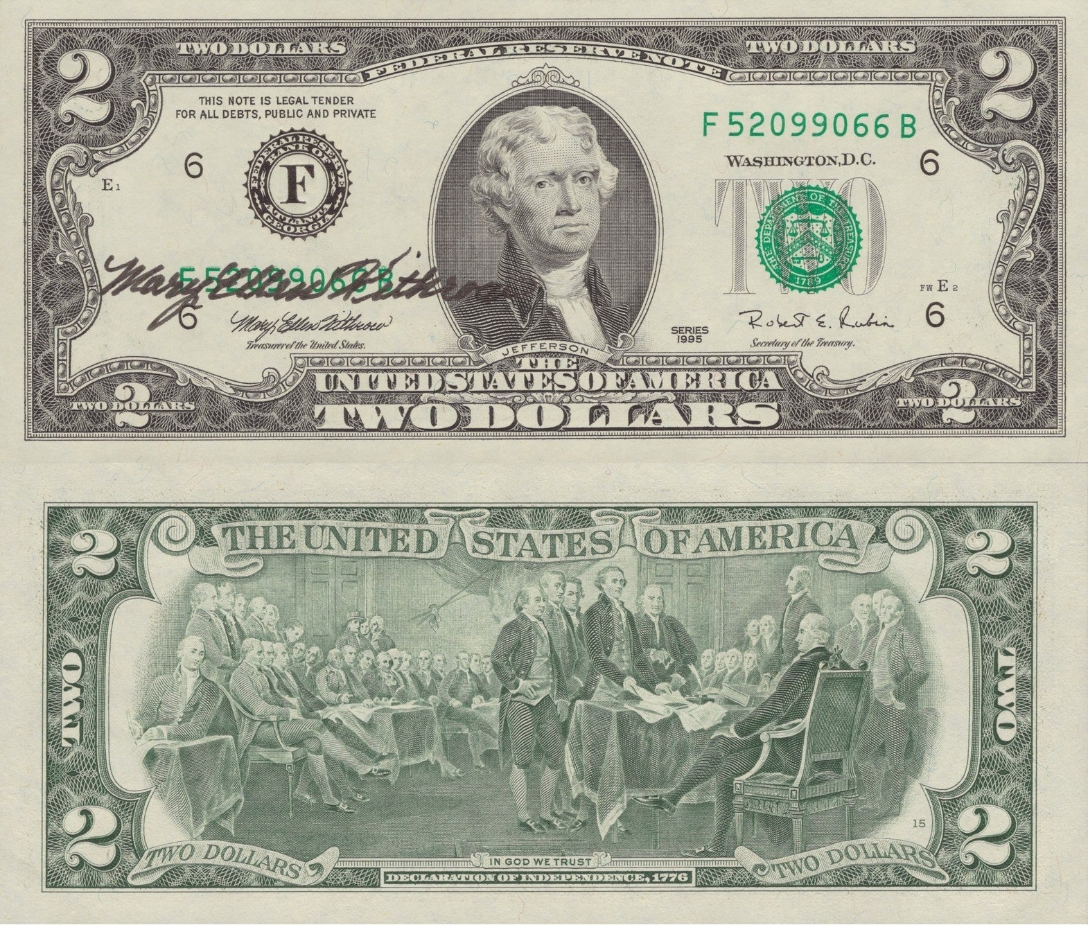 United States USA 2 Dollars 1995 P 497 "F" Atlanta GA With Hand Signed UNC W/F