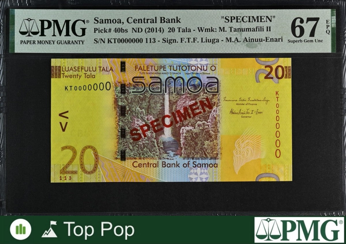 Samoa SPECIMEN 20 Tala ND (2014) P 40bs UNC PMG 67 EPQ S/N 113 TOP POP
