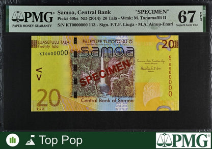 Samoa SPECIMEN 20 Tala ND (2014) P 40bs UNC PMG 67 EPQ S/N 113 TOP POP