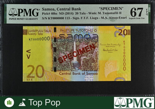 Samoa SPECIMEN 20 Tala ND (2014) P 40bs UNC PMG 67 EPQ S/N 113 TOP POP