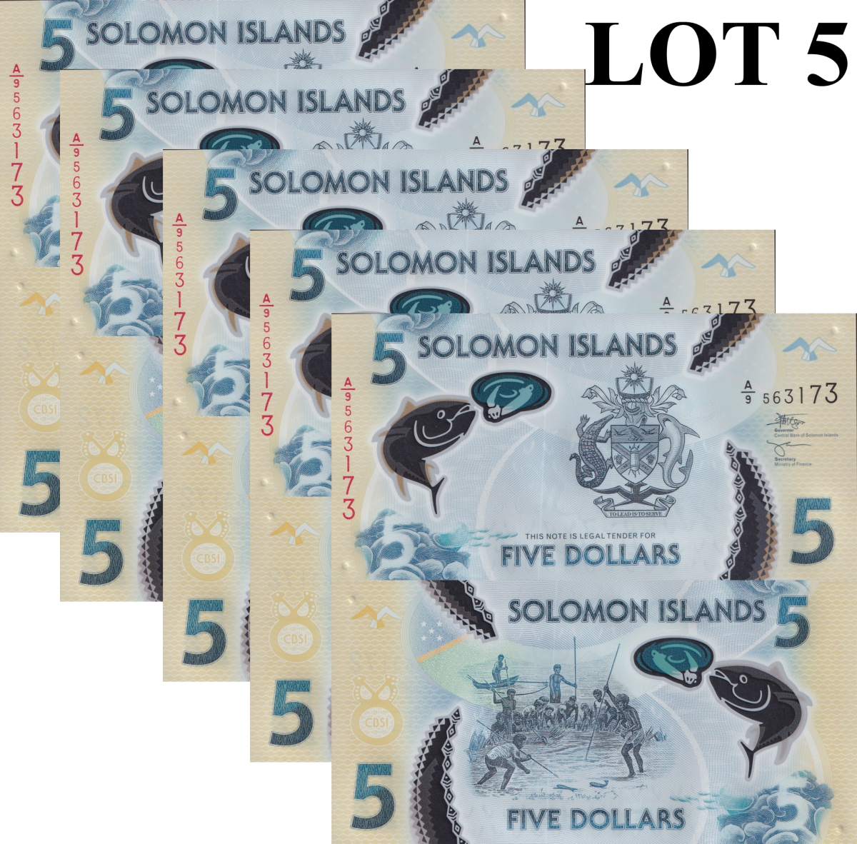 Solomon Islands 5 Dollars ND 2019 P 38 Polymer UNC 1/20 Bundle Lot 5 pcs