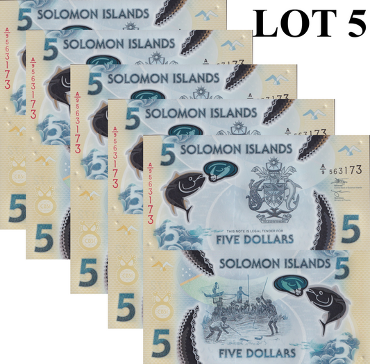 Solomon Islands 5 Dollars ND 2019 P 38 Polymer UNC 1/20 Bundle Lot 5 pcs