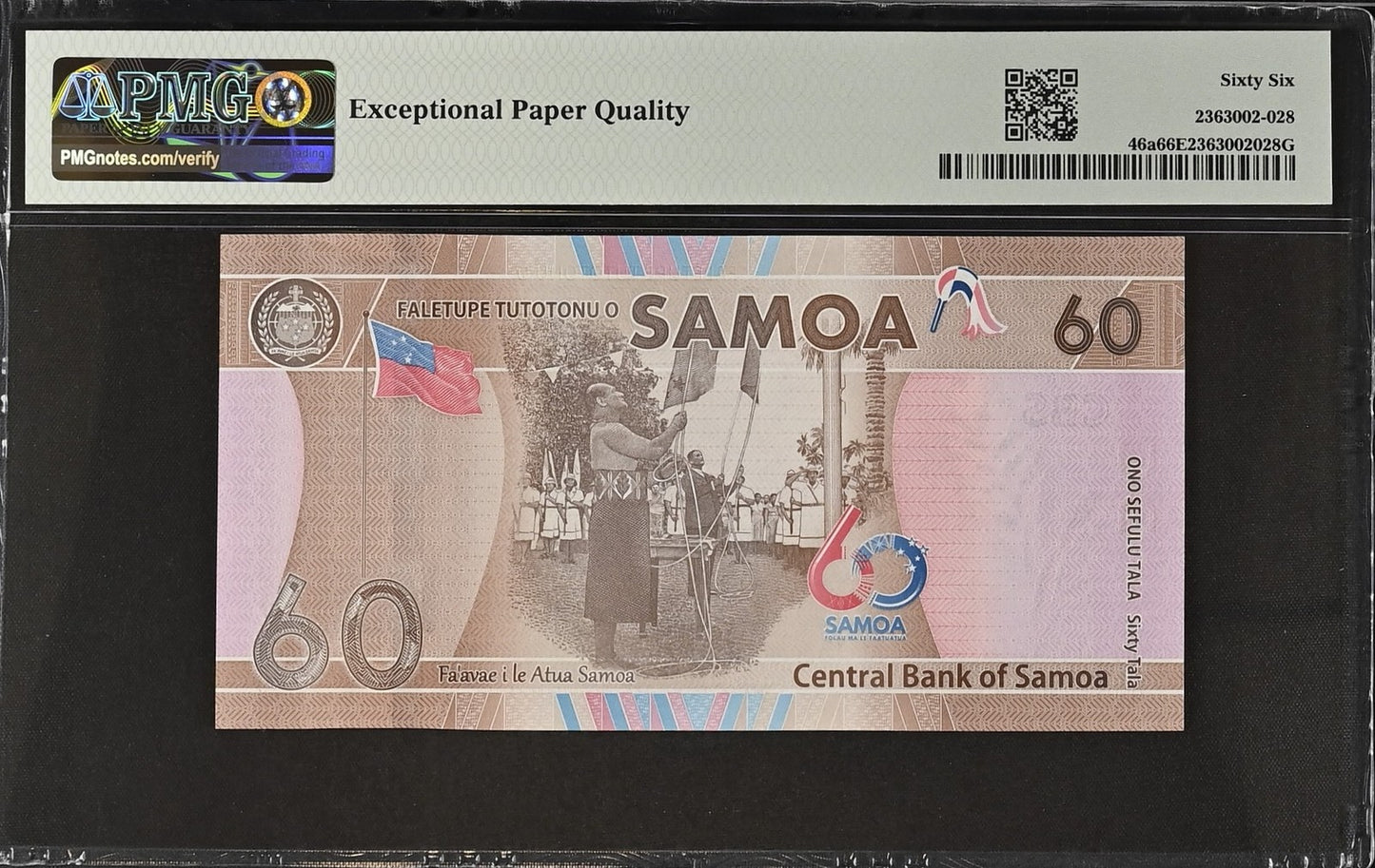 Samoa Commemorative 60 Tala ND (2023) P 46a UNC PMG 66 EPQ LOW S/N 0000035