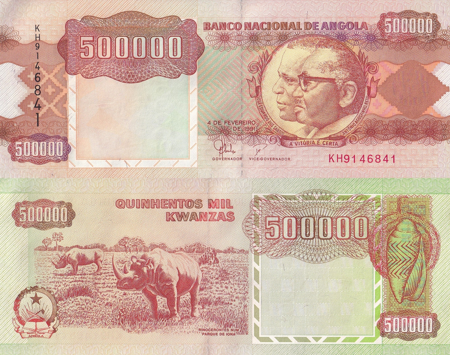 Angola 500000 Kwanzas 1991 P 134 Rhino UNC