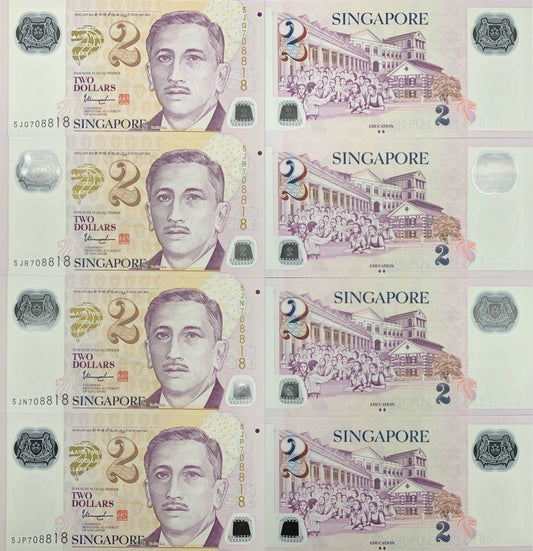 Singapore 2 Dollars 2006-2024 P 46g Polymer UNC Matching No. Set 4 pcs