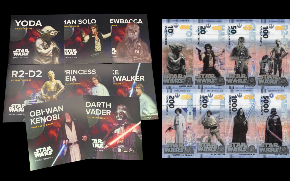 Disney Official Star Wars Test Note 10 20-5000 Galactic Credits UNC Set 8 p W/F