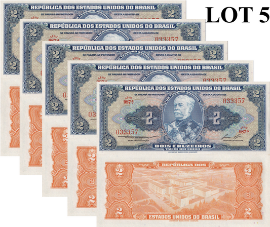 Brazil 2 Crvzeiros  ND 1954-1958 P 151 UNC MINOR FOXING 1/20 Bundle Lot 5 pcs
