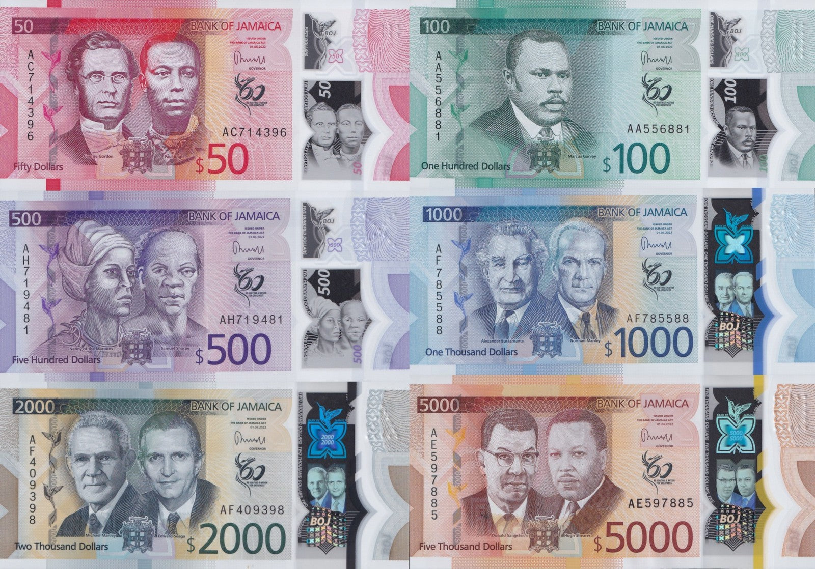 Jamaica 50-5000 Dollars 2022-2023 P 96 97 98 99-101 Polymer UNC COMM. Set 6 pcs