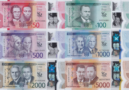 Jamaica 50-5000 Dollars 2022-2023 P 96 97 98 99-101 Polymer UNC COMM. Set 6 pcs