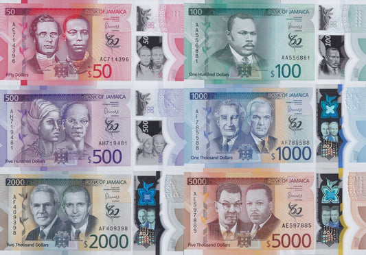 Jamaica 50-5000 Dollars 2022-2023 P 96 97 98 99-101 Polymer UNC COMM. Set 6 pcs
